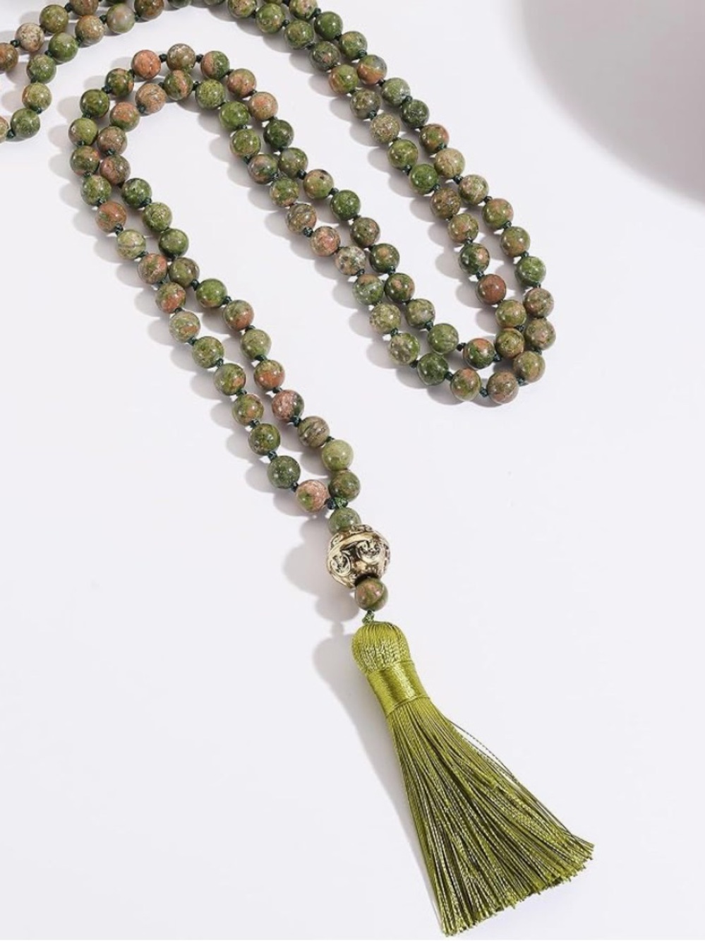 Green Stone Bead Necklace with Olive Tassel